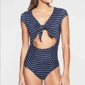 Athleta French Stripe Navy Blue Tie Front Cut-Out Swimsuit Size Small Womens